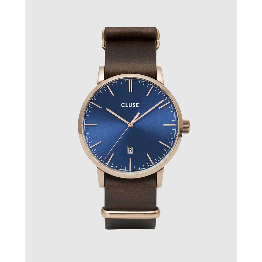 Montre femme Cluse La Bohème, cadran bleu et cuir marron, boîtier or rose