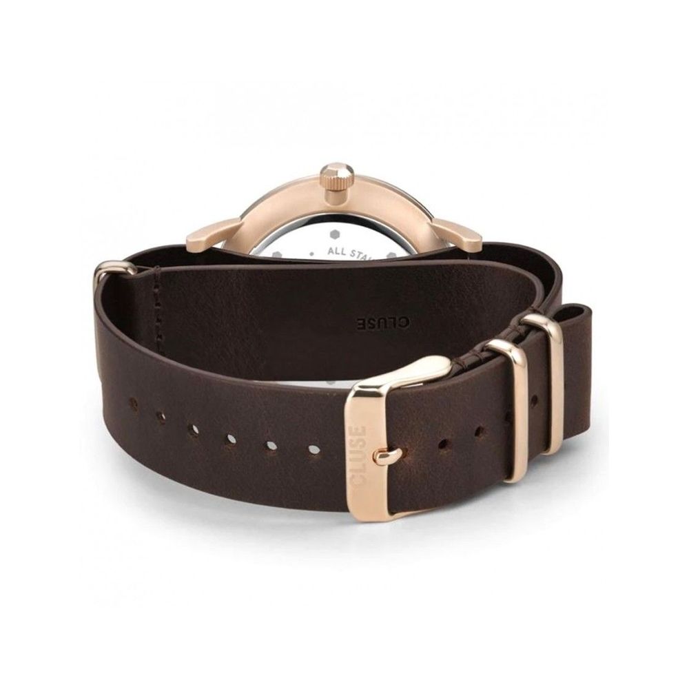 Montre femme Cluse La Bohème, cadran bleu et cuir marron, boîtier or rose