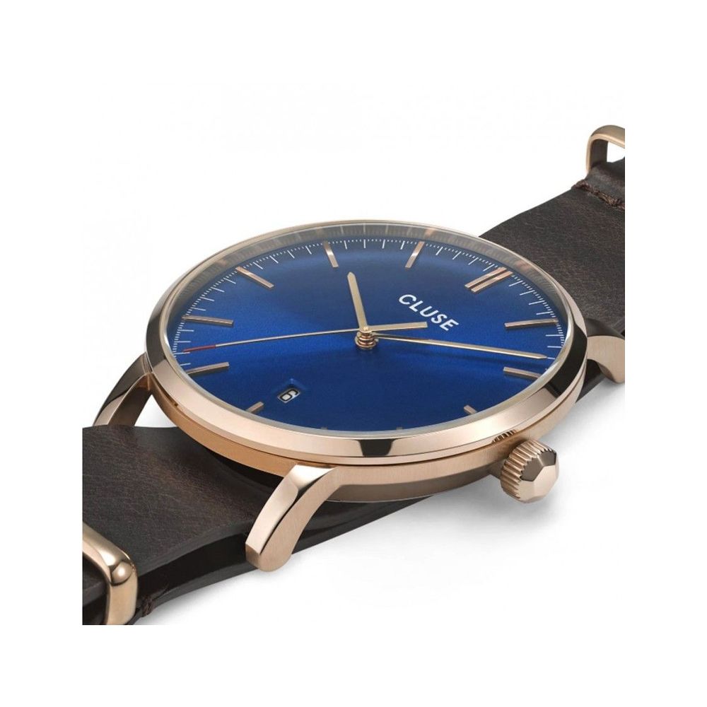 Montre femme Cluse La Bohème, cadran bleu et cuir marron, boîtier or rose