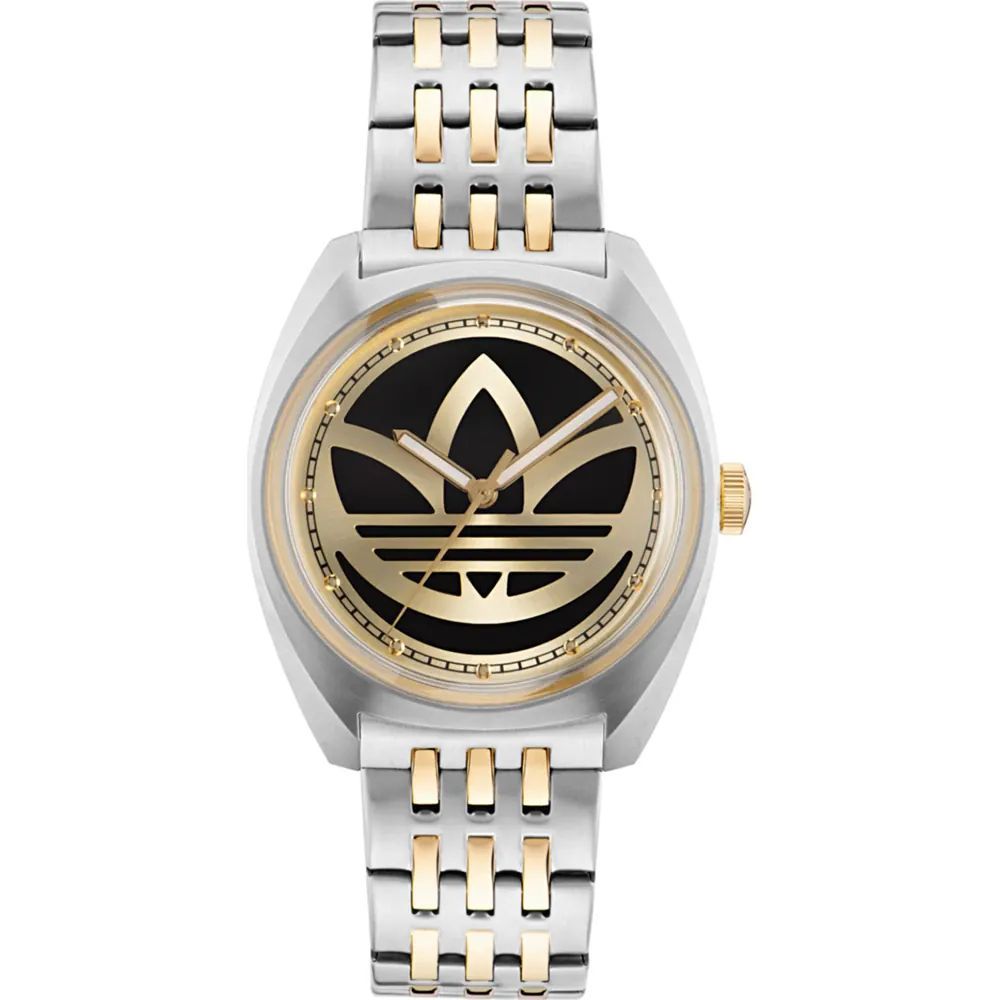 A gray Adidas stainless steel watch with a black dial and gold accents on the casing and bracelet links.
