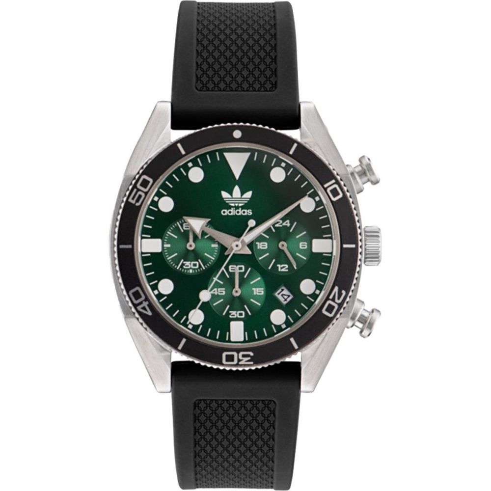 Adidas watch with green face and black strap on a white background