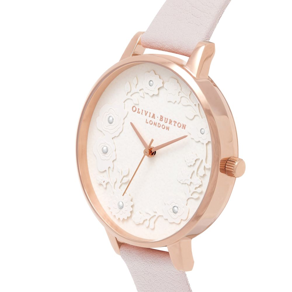 Montre Olivia Burton en cuir artificiel doré et rose à motif floral pour femme