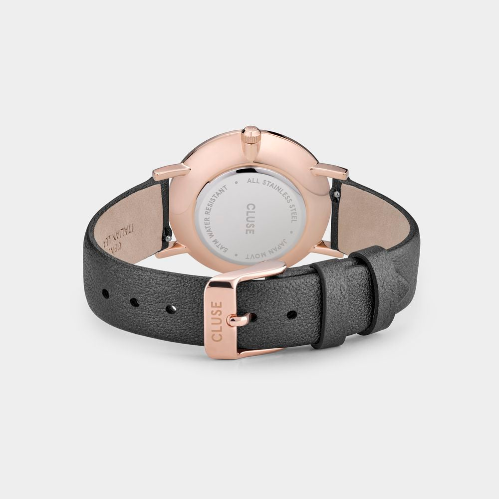 Montre femme Cluse La Bohème, boîtier or rose et cuir noir, cadran 33 mm