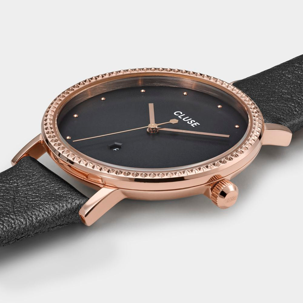 Montre femme Cluse La Bohème, boîtier or rose et cuir noir, cadran 33 mm