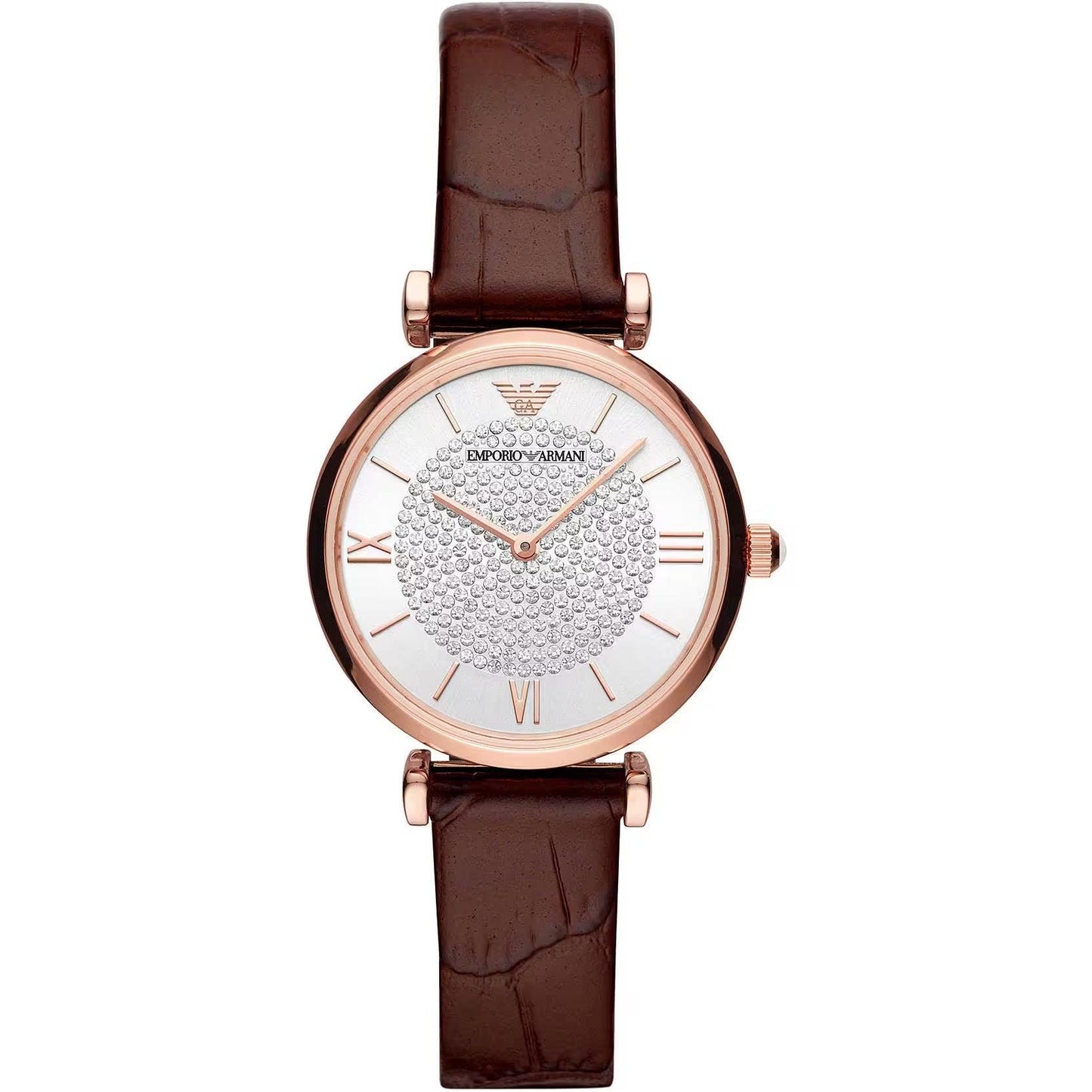 A stainless steel Emporio Armani watch with a polished rose gold finish and a bordeaux leather strap. The watch face is white with Roman numerals and the brand's logo at 10 o'clock.