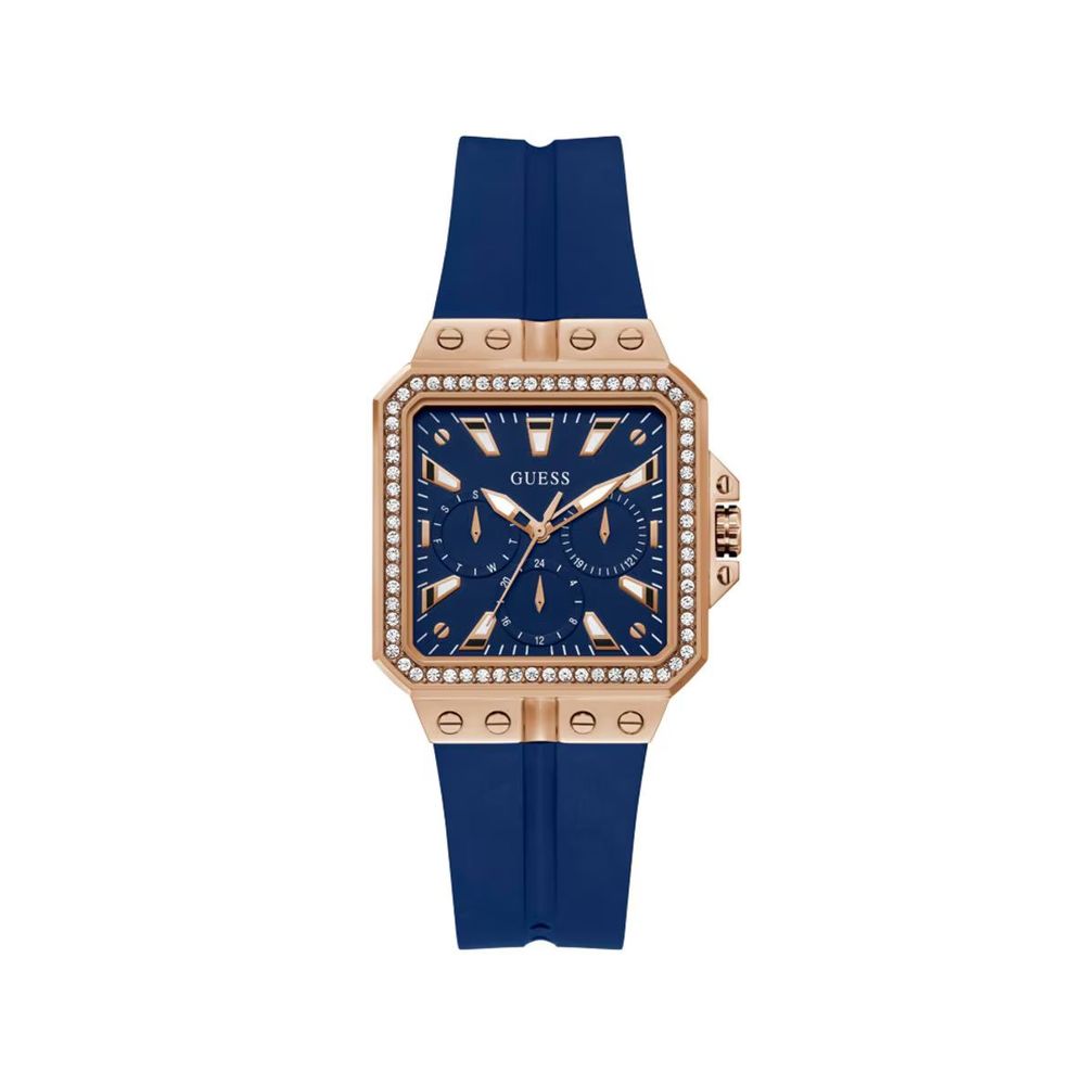 A Guess Libra women's watch with a purple silicone bracelet and a pink stainless steel case featuring a blue dial.