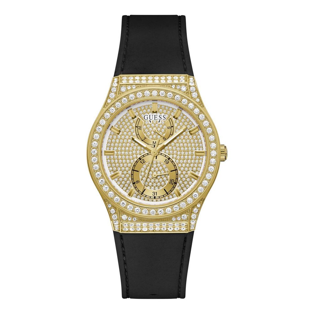 A Guess Princess women's watch with a black silicone bracelet and a golden stainless steel case, featuring a golden dial and analog display.