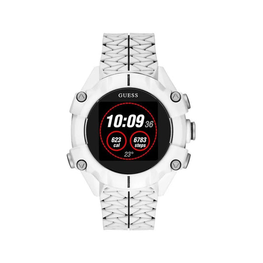 A white resin band guess watch with a digital display showing time, calories burnt, and temperature.