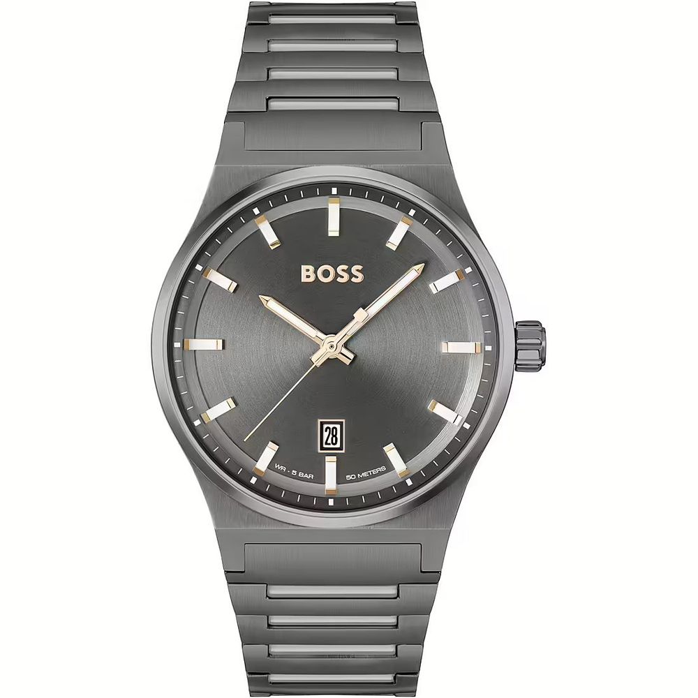 A Hugo Boss gray stainless steel watch with analog display, gray bracelet, and gray dial.