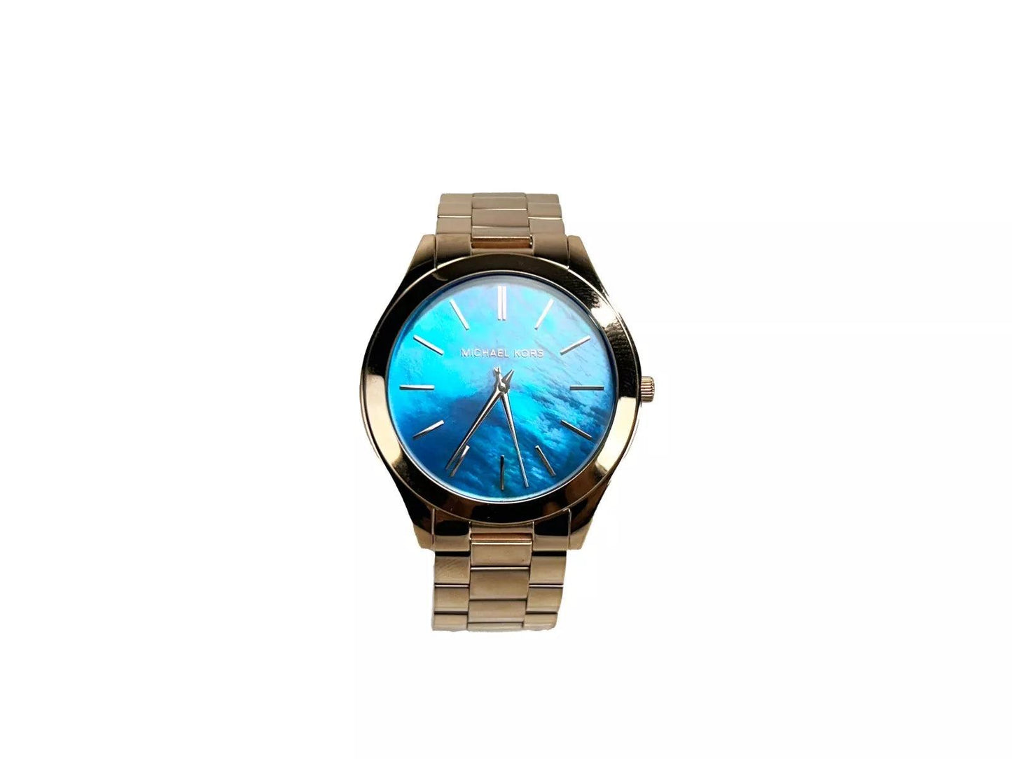 A Michael Kors Slim Runway Stainless Steel Watch with an ocean blue dial and gold unisex band.