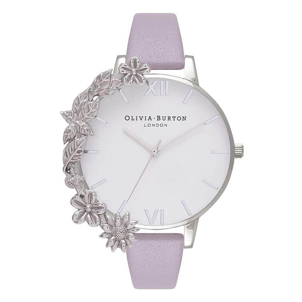 Olivia Burton watch with floral design and lavender strap on white background