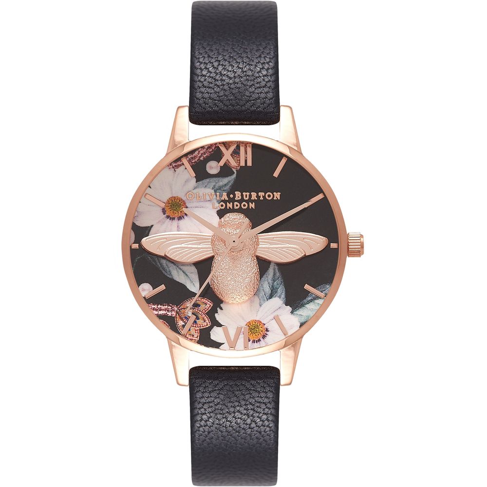 Watch with black strap and floral design on face, brand 'Olivia Burton' visible