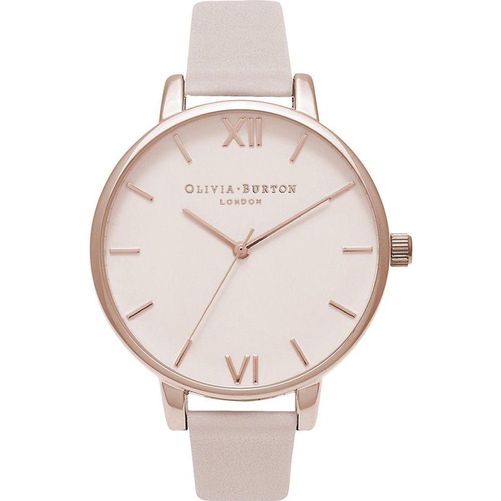 Wristwatch with rose gold case and white strap on a white background