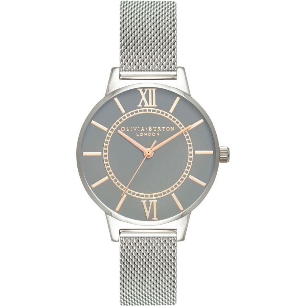 Silver watch with mesh band and gray face on golden symbols