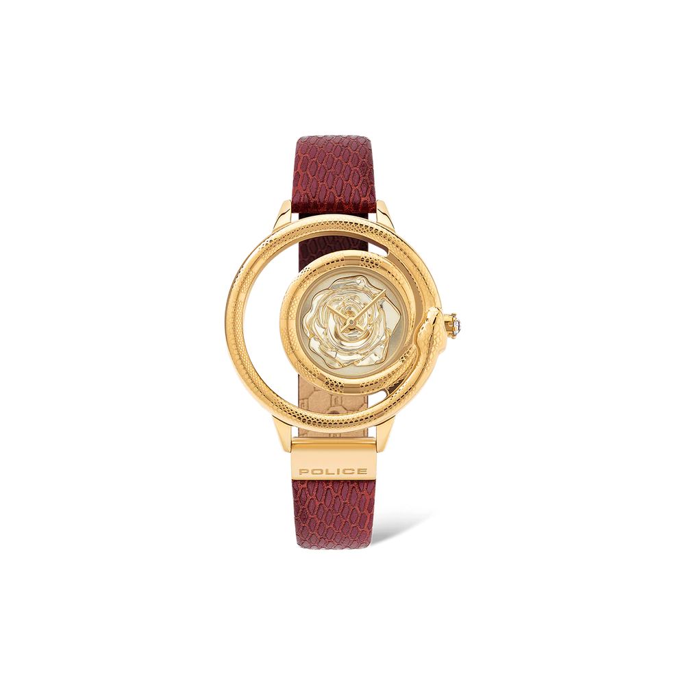A golden analog watch with a red leather bracelet and a Mineral glass cover.