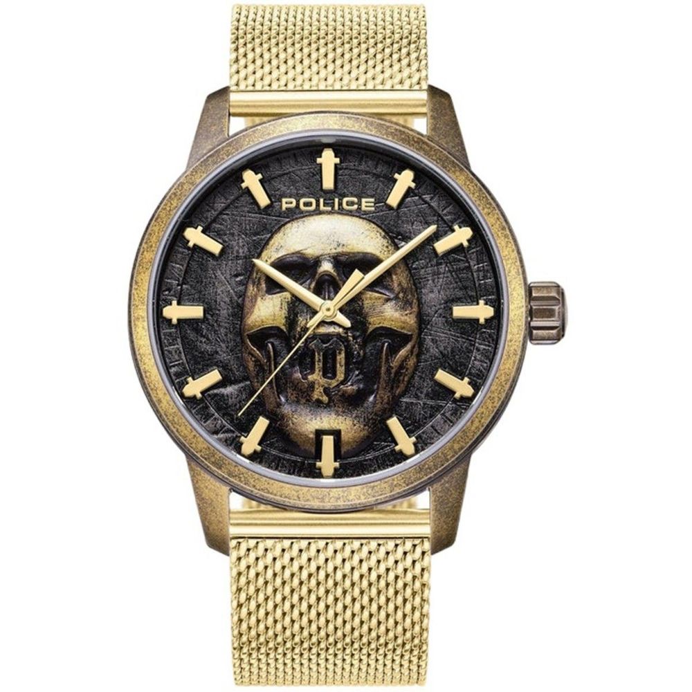 Montre Police RAHO SKULL pour homme, cadran noir, acier inoxydable doré