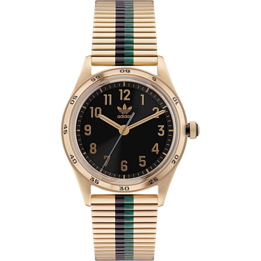 Gold watch with black face and striped band on a white background