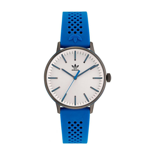 A silver Adidas analog watch with a blue rubber bracelet and a white dial, featuring a buckle closure.