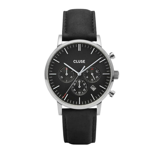 A Cluse Aravis watch with a black leather bracelet and a silver stainless steel case, featuring an analog display and a buckle closure.