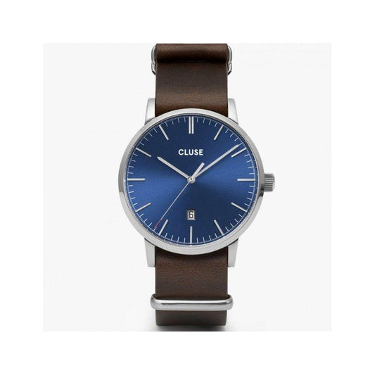A Cluse brand watch with a silver case, blue dial, and brown leather bracelet,Silver case and date display 