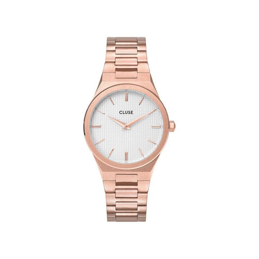 A Cluse La Boheme Rose Gold stainless steel watch with a pink case and bracelet, featuring a white dial, analog display, and mineral glass.