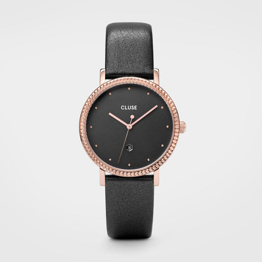 Black watch with rose gold bezel and Cluse brand on a light gray background