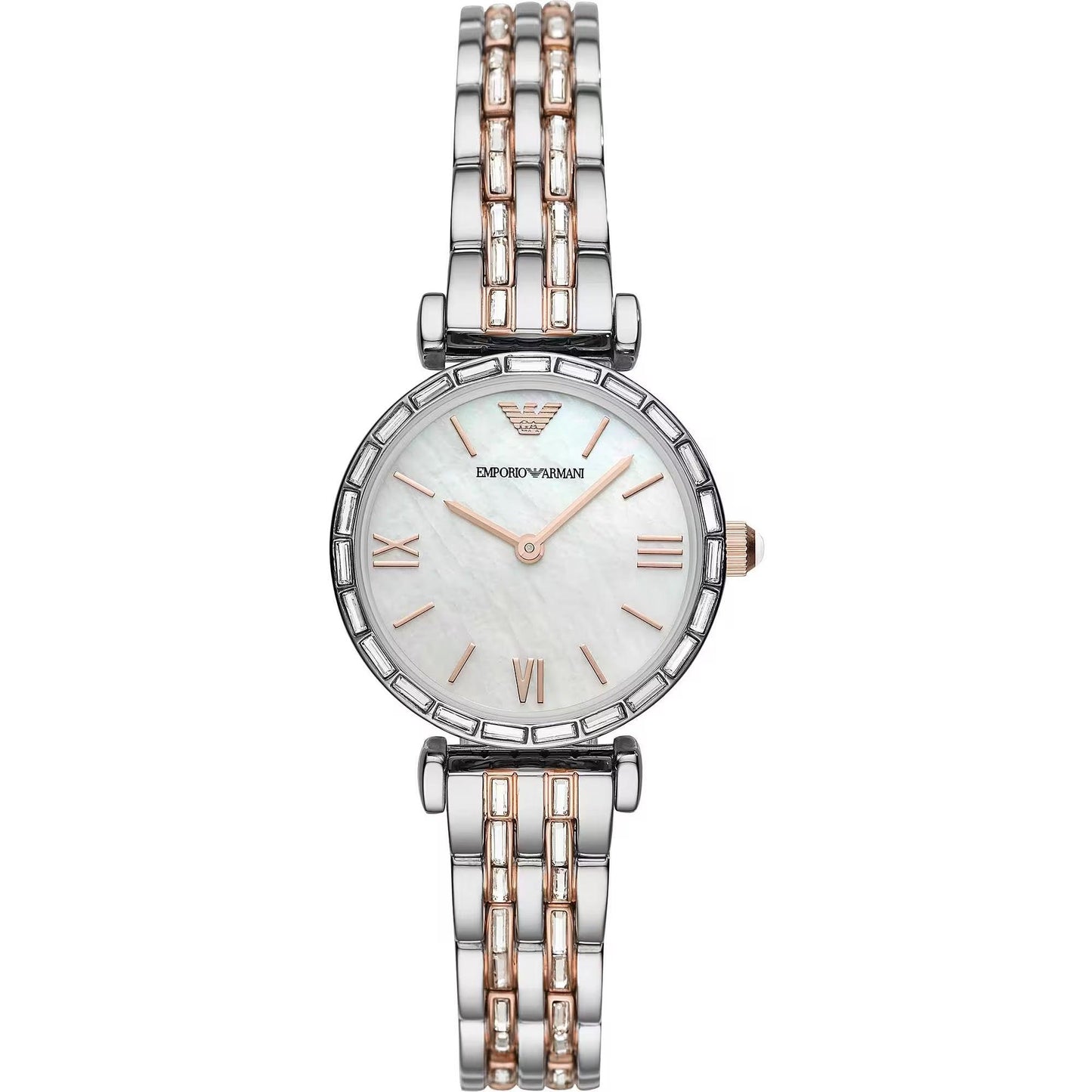 A silver Emporio Armani women's watch with a stainless steel bracelet and a silver dial, featuring a deployante clasp.