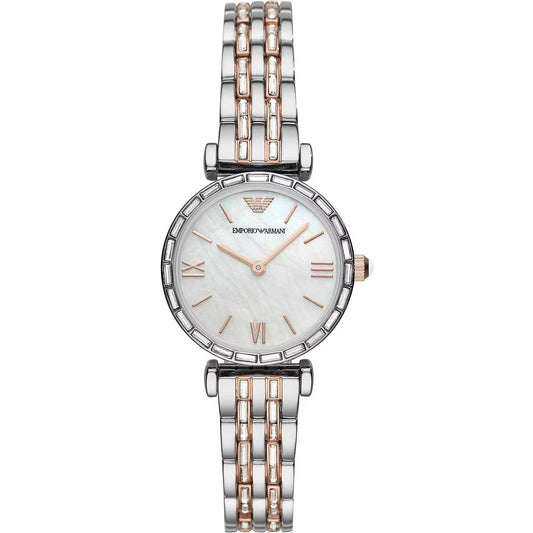 A silver Emporio Armani women's watch with a stainless steel bracelet and a silver dial, featuring a deployante clasp.