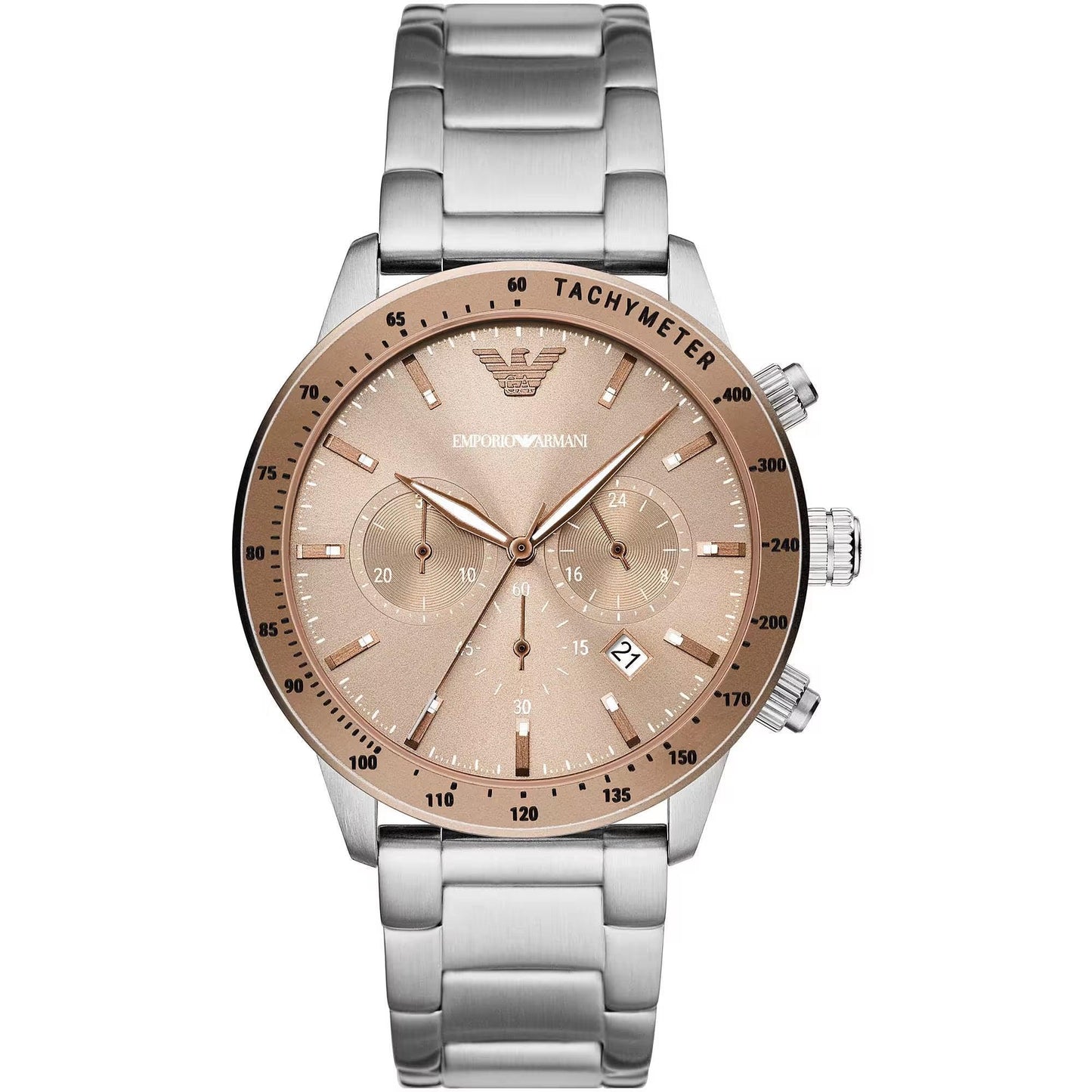 A silver Emporio Armani men's watch with a stainless steel bracelet, a beige dial, and chronograph features.