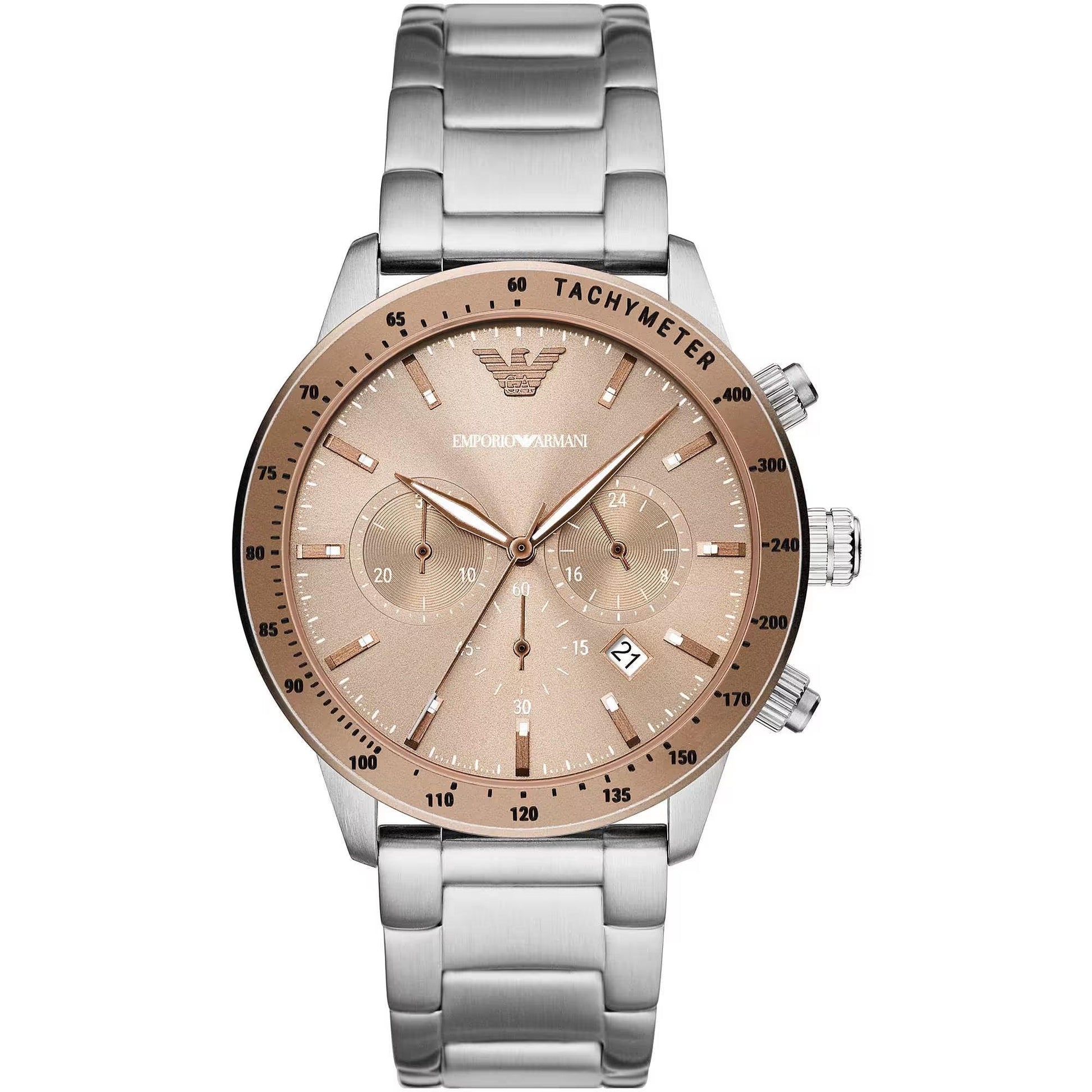 A silver Emporio Armani men's watch with a stainless steel bracelet, a beige dial, and chronograph features.