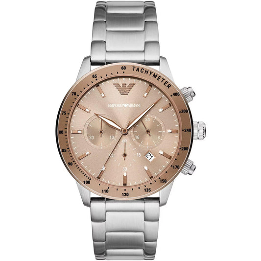 A silver Emporio Armani men's watch with a stainless steel bracelet, a beige dial, and chronograph features.