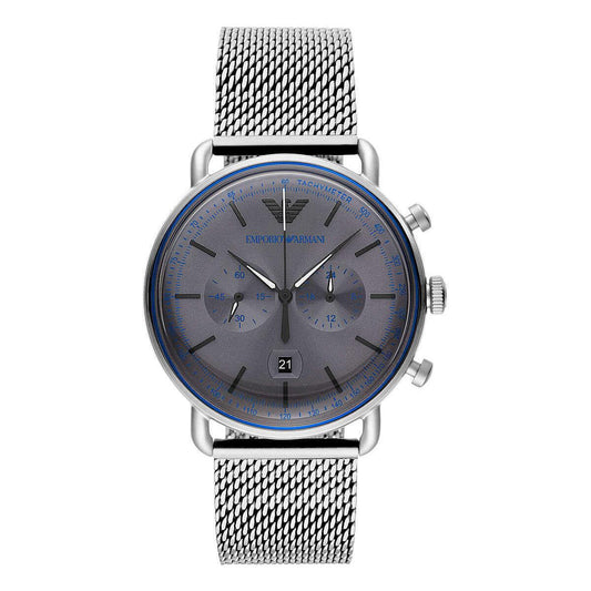 A silver Emporio Armani chronograph watch with a grey dial and a stainless steel mesh bracelet.