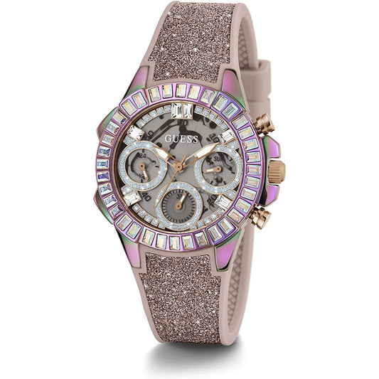 A multicolored analog Guess watch with a silicone bracelet and a stainless steel case, featuring a grey dial and decorative elements on the bezel.