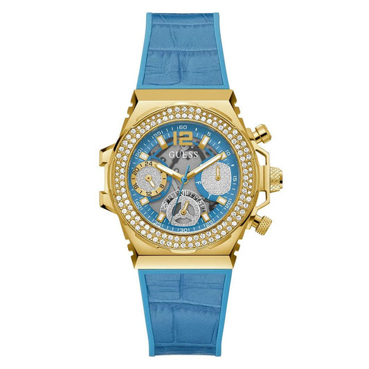 A Guess watch with a golden stainless steel case and a blue silicone bracelet, featuring a blue dial and gold accents.