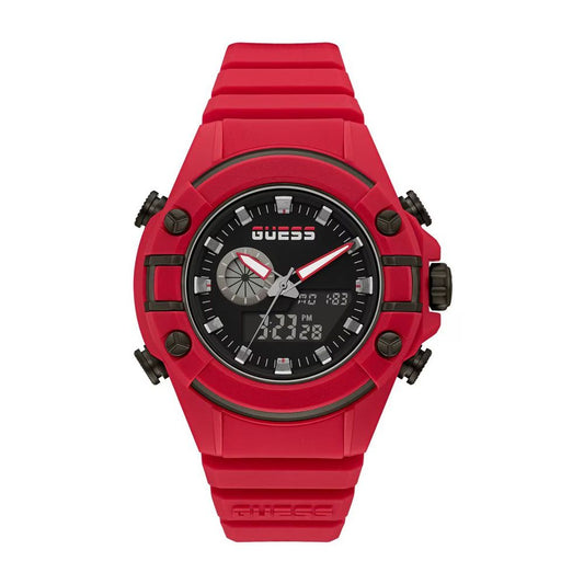 A red silicone band guess watch with a black dial and digital display.