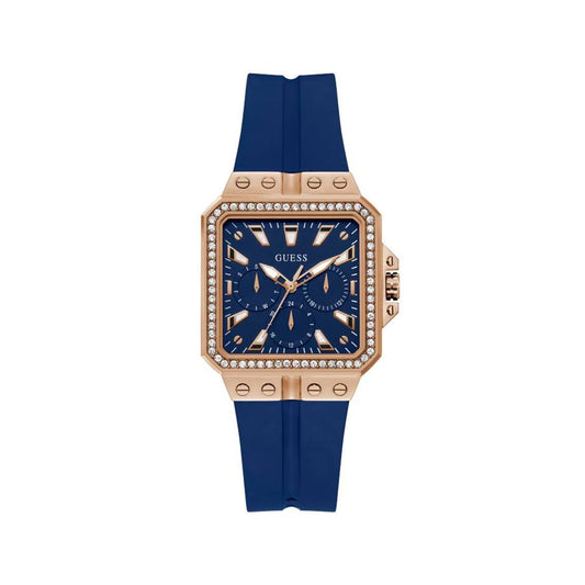 A Guess Libra women's watch with a purple silicone bracelet and a pink stainless steel case featuring a blue dial.