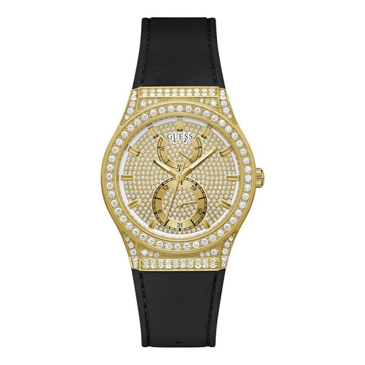 A Guess Princess women's watch with a black silicone bracelet and a golden stainless steel case, featuring a golden dial and analog display.