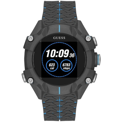 A gray resin Guess watch with a digital display, silicone bracelet, and blue accents.