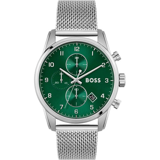 Green watch with silver mesh band and visible BOSS logo on a green background