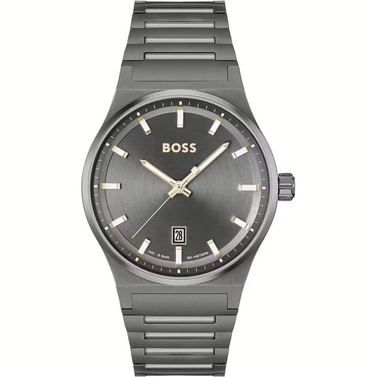 A Hugo Boss gray stainless steel watch with analog display, gray bracelet, and gray dial.