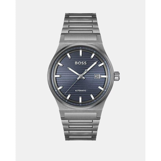 A Hugo Boss men's watch with a grey stainless steel bracelet and a blue dial, showcasing an automatic mechanism.