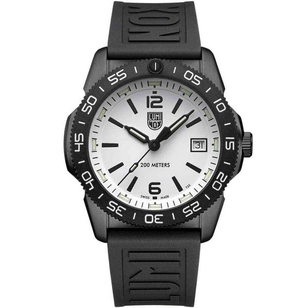 A black Luminox Pacific Sea Diver Carbonox watch with a white dial, black rubber bracelet, and black case.