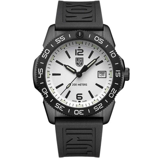 A black Luminox Pacific Sea Diver Carbonox watch with a white dial, black rubber bracelet, and black case.