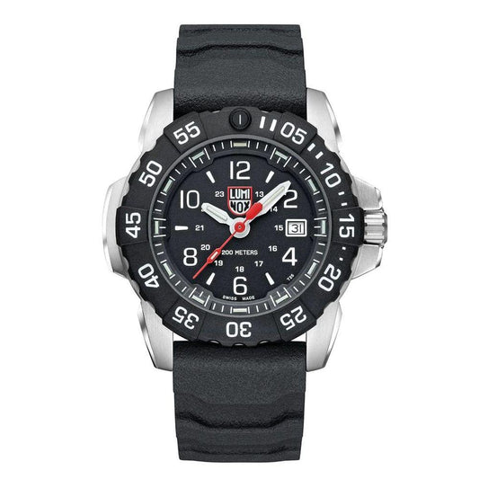 A Luminox Navy Seal RSC watch with a black rubber bracelet, gray stainless steel case, and black dial.