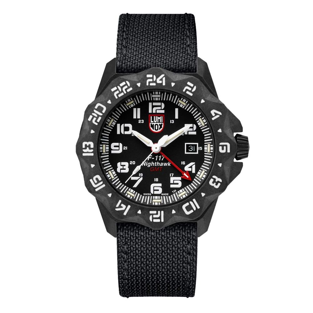 Black watch with a detailed face on a white background