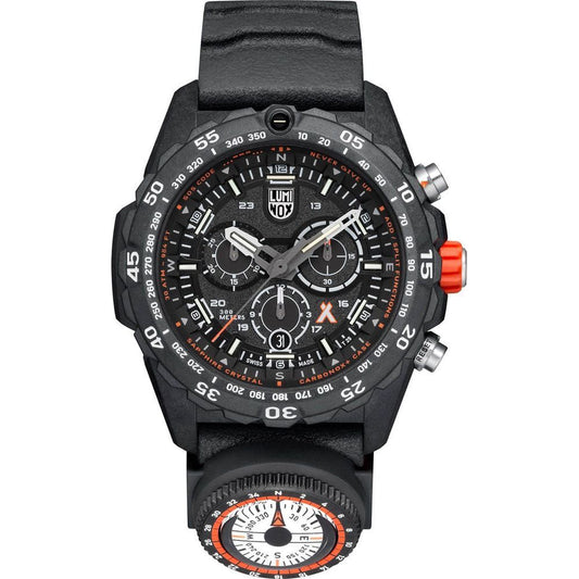 Black and orange watch with detailed face on a white background