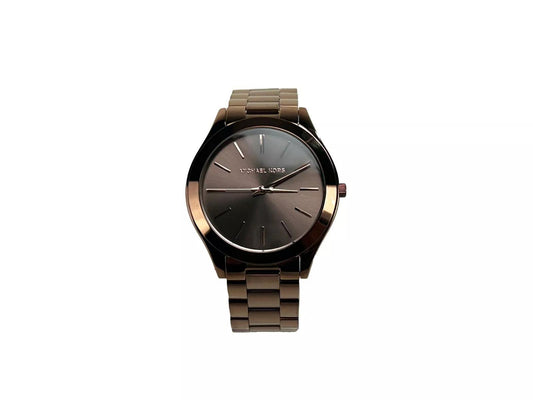 A Michael Kors Slim Runway brown stainless steel watch with a non-numeric stick hour markers and a minimalistic design.