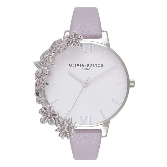 Olivia Burton watch with floral design and lavender strap on white background