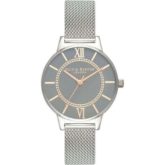Silver watch with mesh band and gray face on golden symbols