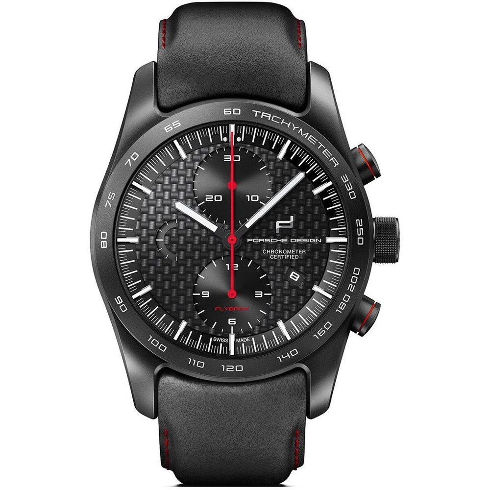 Black Porsche Design watch with detailed face on a white background